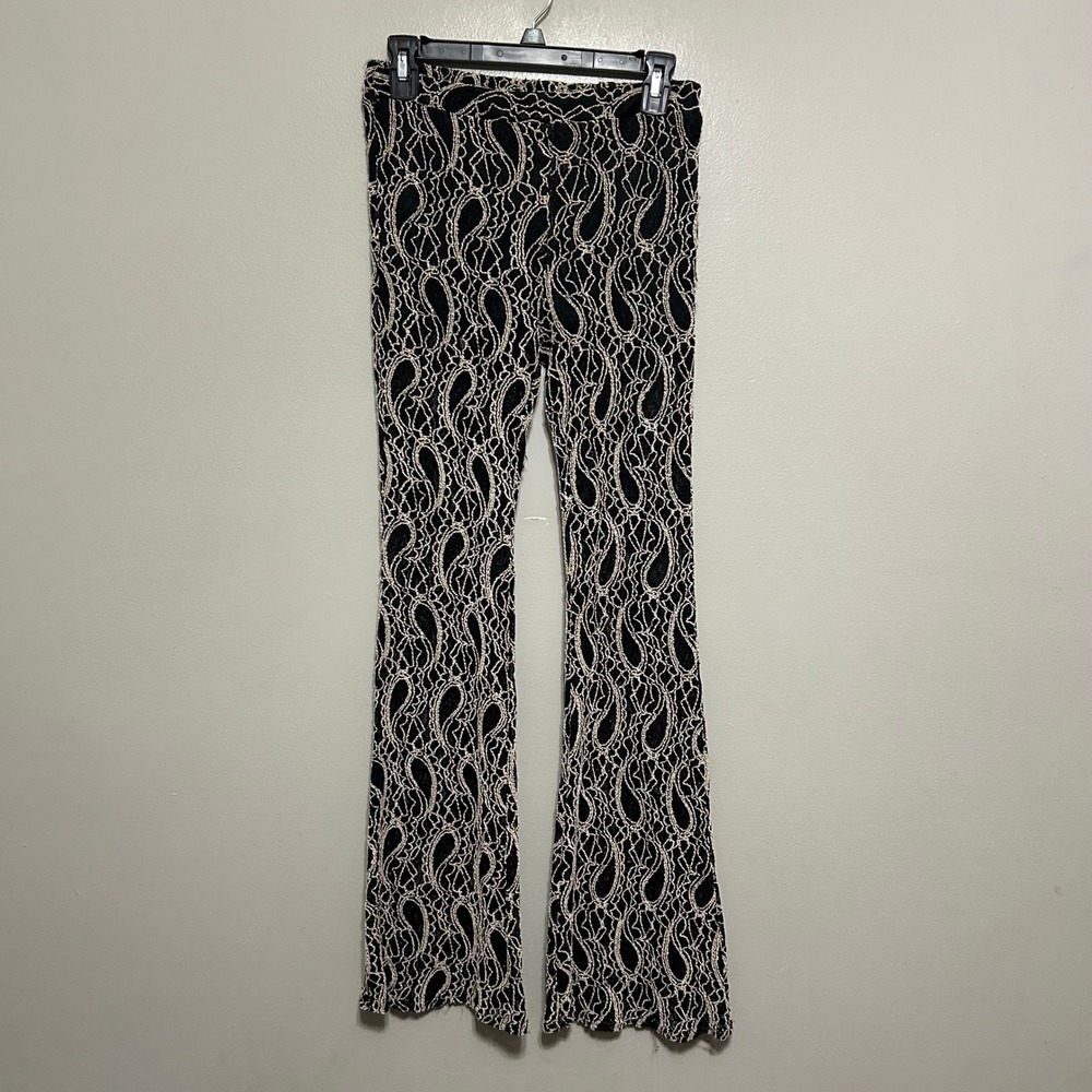 Umgee Pants S Black Beige Paisley Lace Flare Boho Bell Bottom Whimsigoth Retro